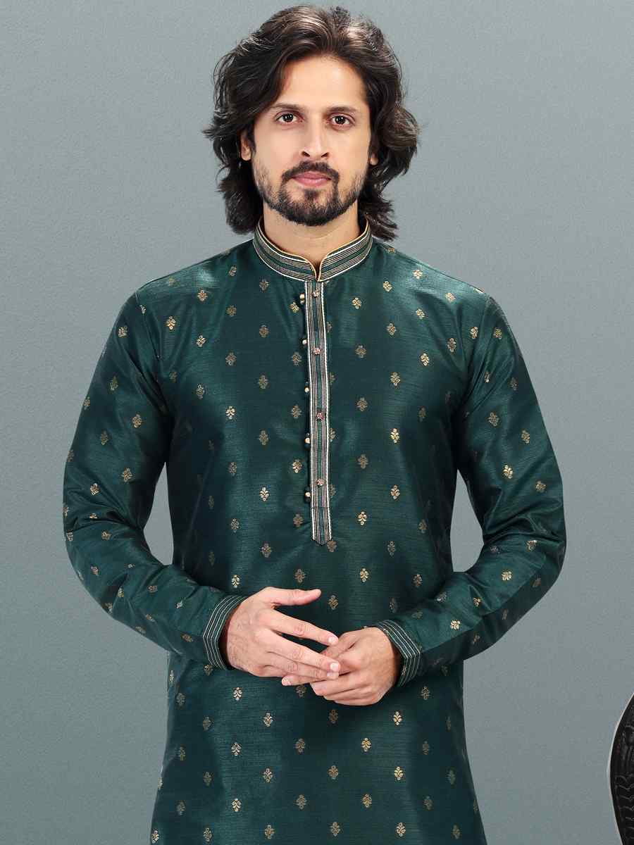 Green Jacquard Banarasi Silk Woven Festival Wedding Kurta