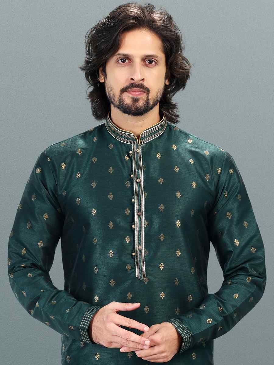 Green Jacquard Banarasi Silk Woven Festival Wedding Kurta