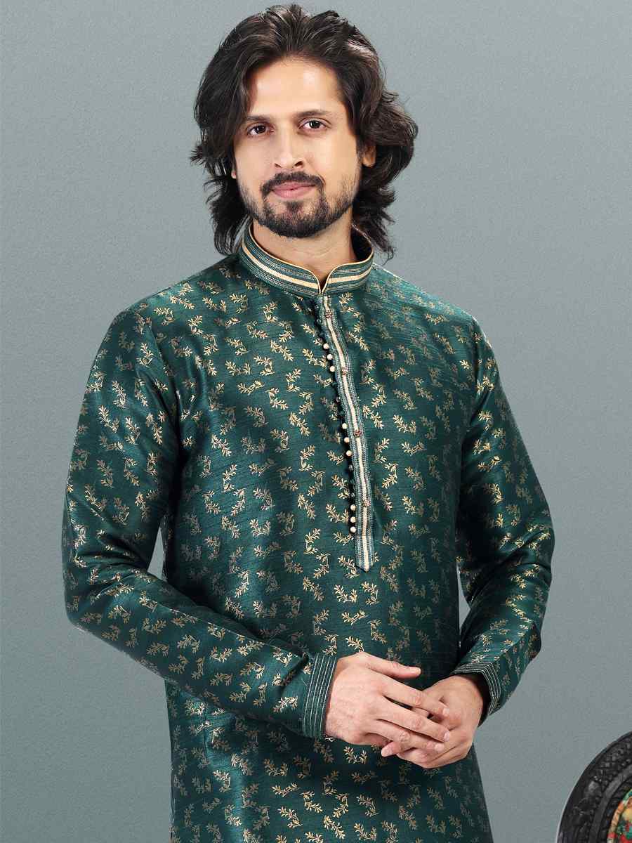 Green Jacquard Banarasi Silk Woven Festival Wedding Kurta