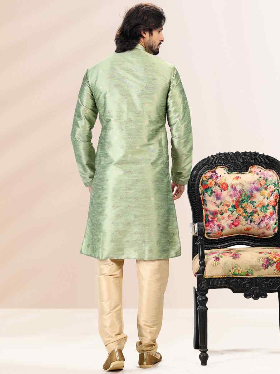 Green Jacquard Banarasi Silk Woven Festival Wedding Kurta