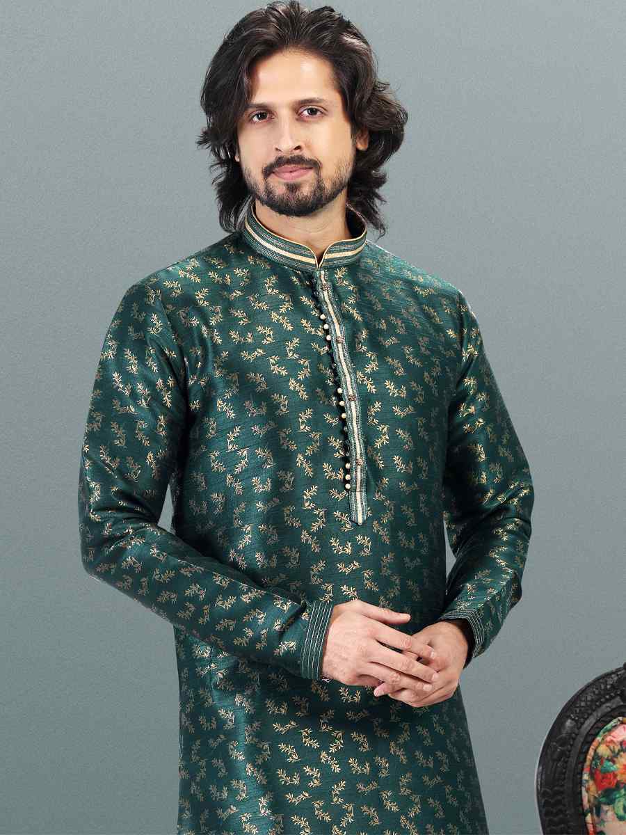 Green Jacquard Banarasi Silk Woven Festival Wedding Kurta