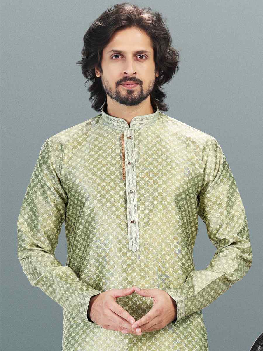 Green Jacquard Banarasi Silk Woven Festival Wedding Kurta