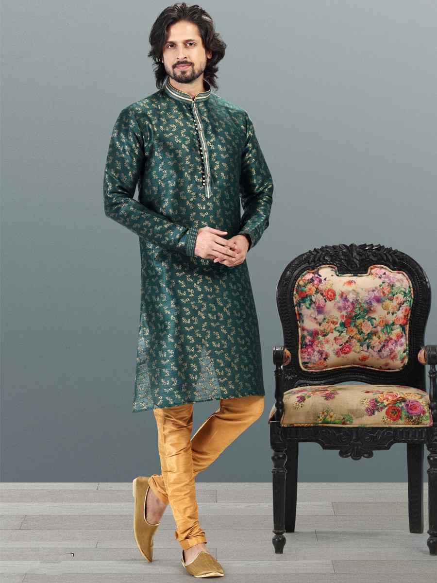 Green Jacquard Banarasi Silk Woven Festival Wedding Kurta