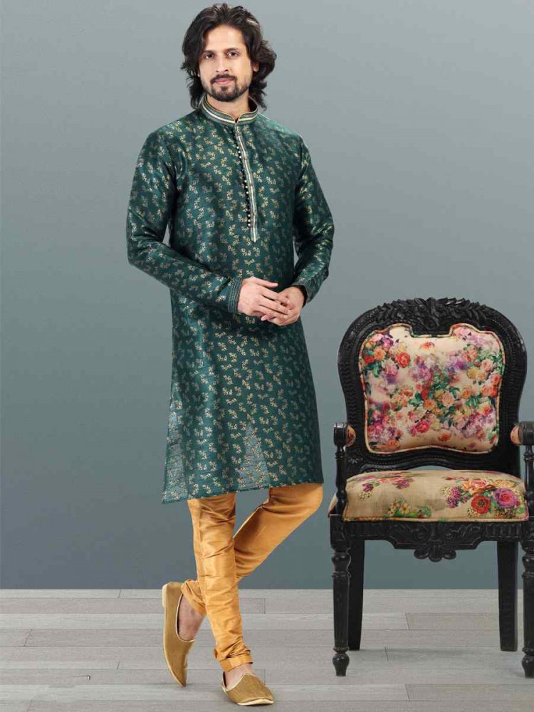 Green Jacquard Banarasi Silk Woven Festival Wedding Kurta