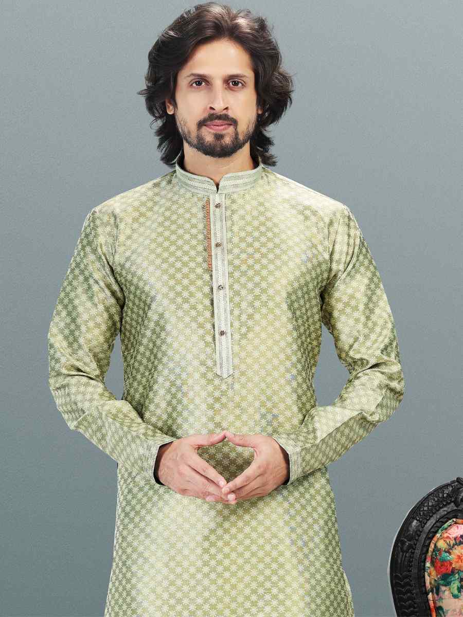 Green Jacquard Banarasi Silk Woven Festival Wedding Kurta