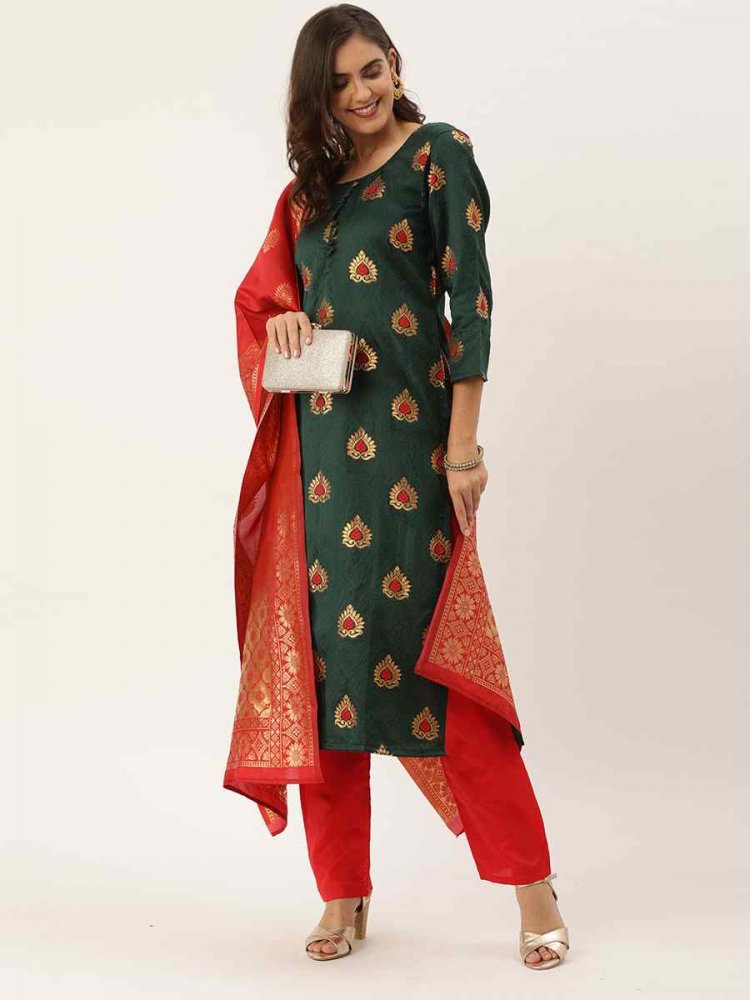 Green Jacquard Embroidered Party Casual Pant Salwar Kameez