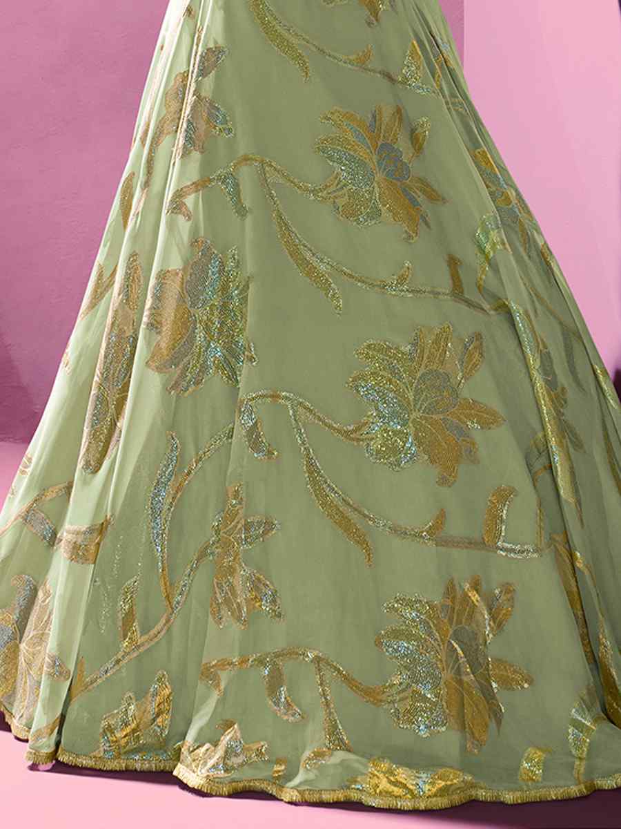 Green Jacquard Embroidered Party Wear Festival Circular Lehenga Choli