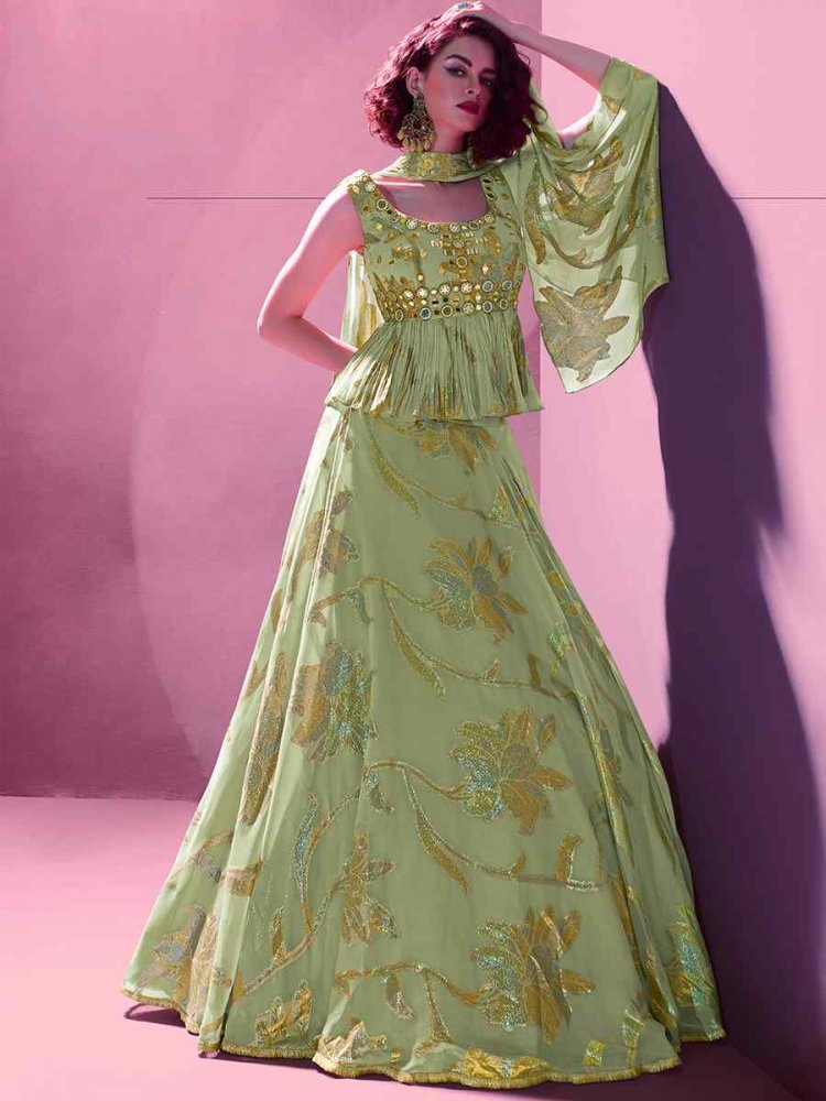 Green Jacquard Embroidered Party Wear Festival Circular Lehenga Choli