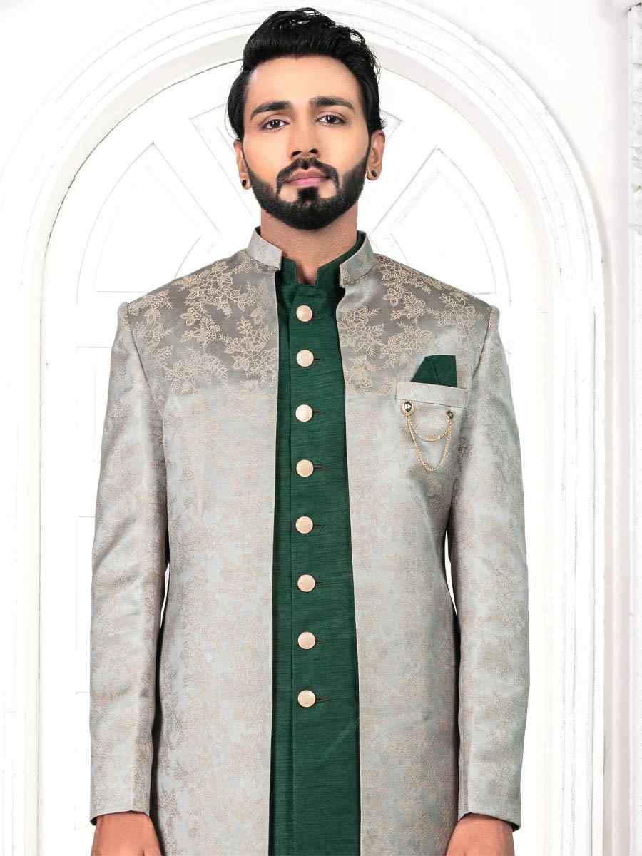 Green Jacquard Embroidered Wedding Groom Sherwani