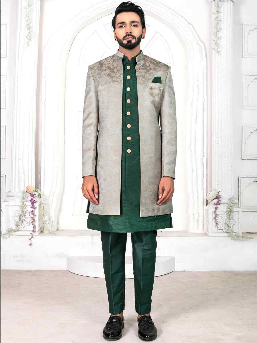 Green Jacquard Embroidered Wedding Groom Sherwani