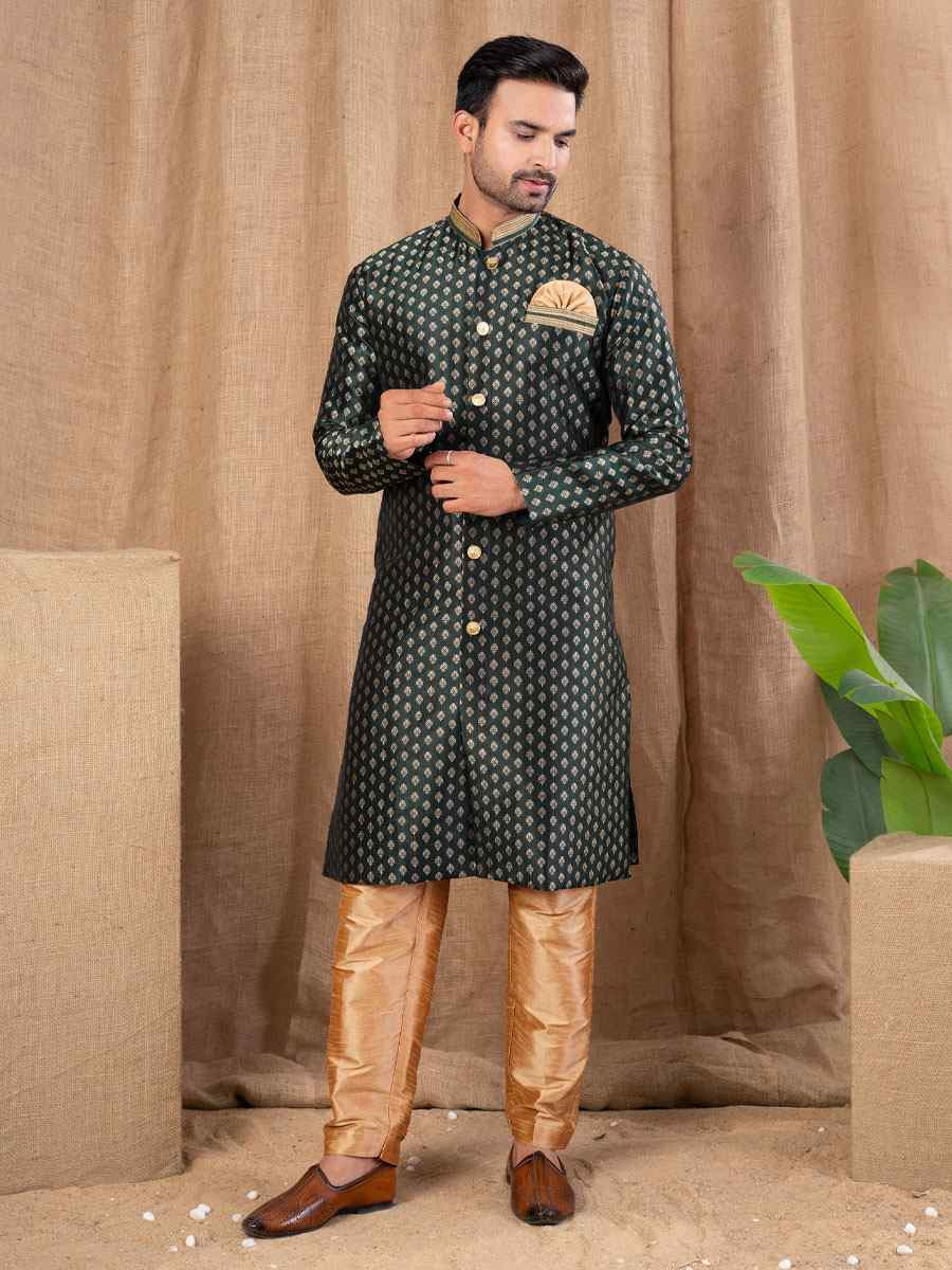Green Jacquard Embroidery Festival Wedding Party Mens Kurta