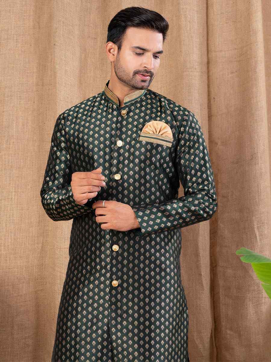 Green Jacquard Embroidery Festival Wedding Party Mens Kurta