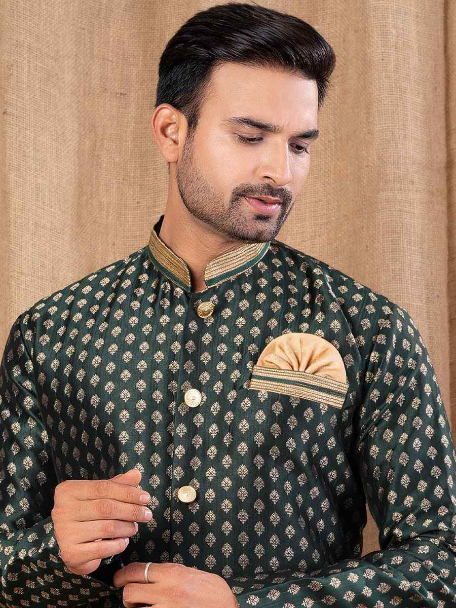 Green Jacquard Embroidery Festival Wedding Party Mens Kurta