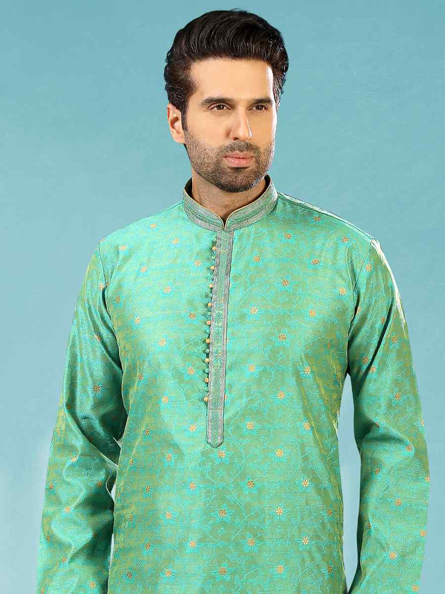 Green Jacquard Silk Brocade Woven Party Churidar Kurta
