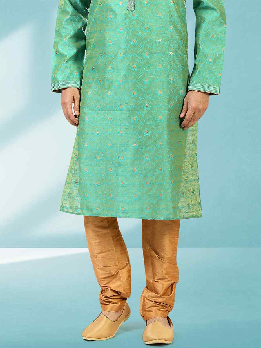 Green Jacquard Silk Brocade Woven Party Churidar Kurta