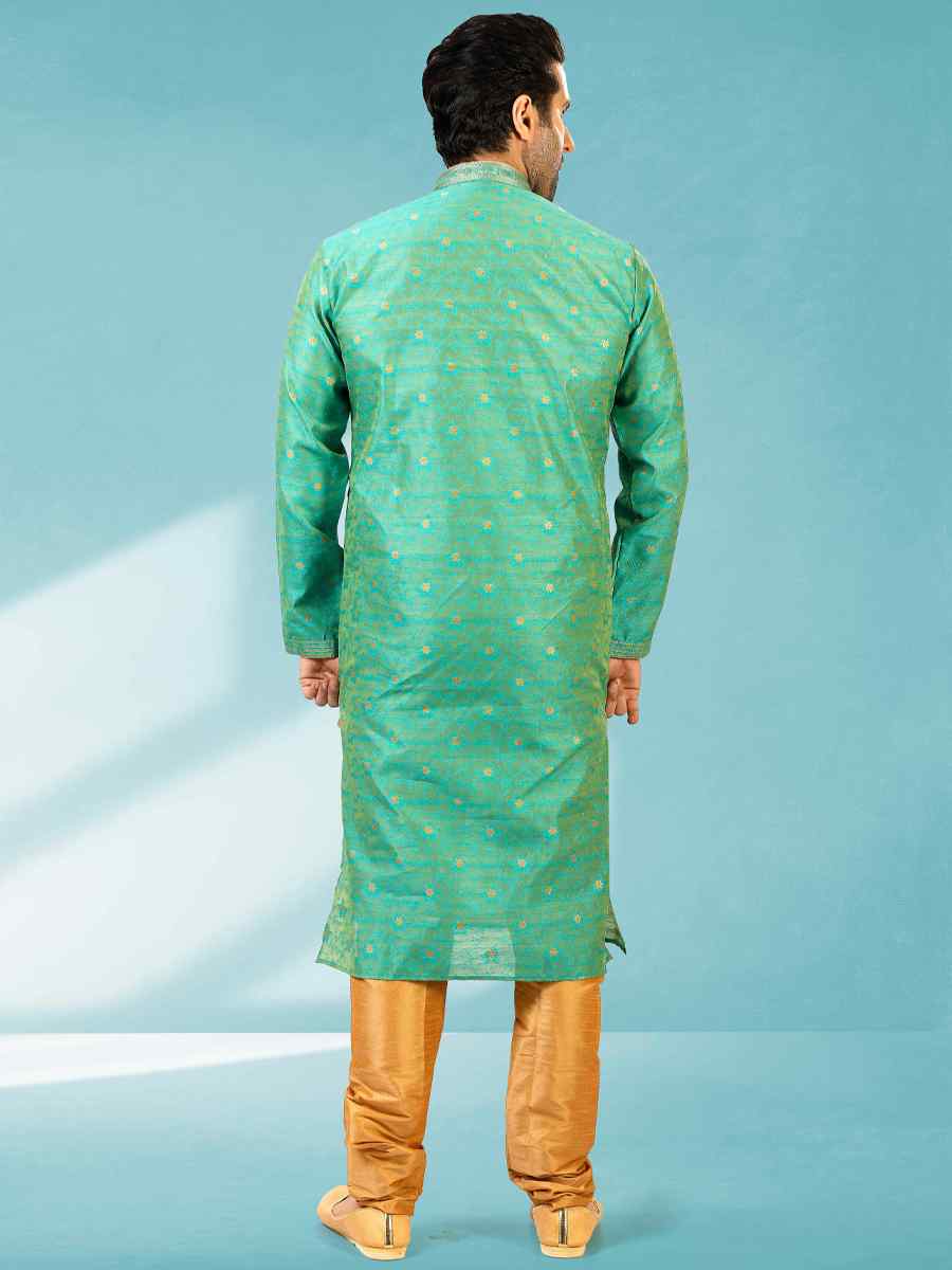 Green Jacquard Silk Brocade Woven Party Churidar Kurta