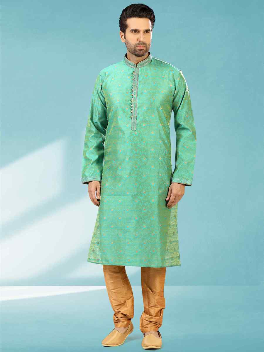 Green Jacquard Silk Brocade Woven Party Churidar Kurta