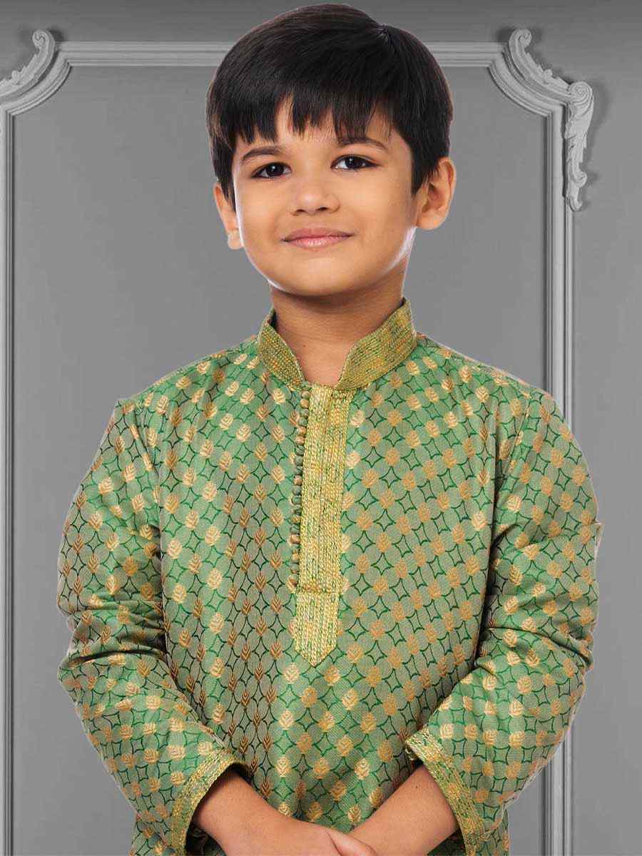 Green Jacquard Silk Embroidered Festival Kurta Pyjama Boys Wear