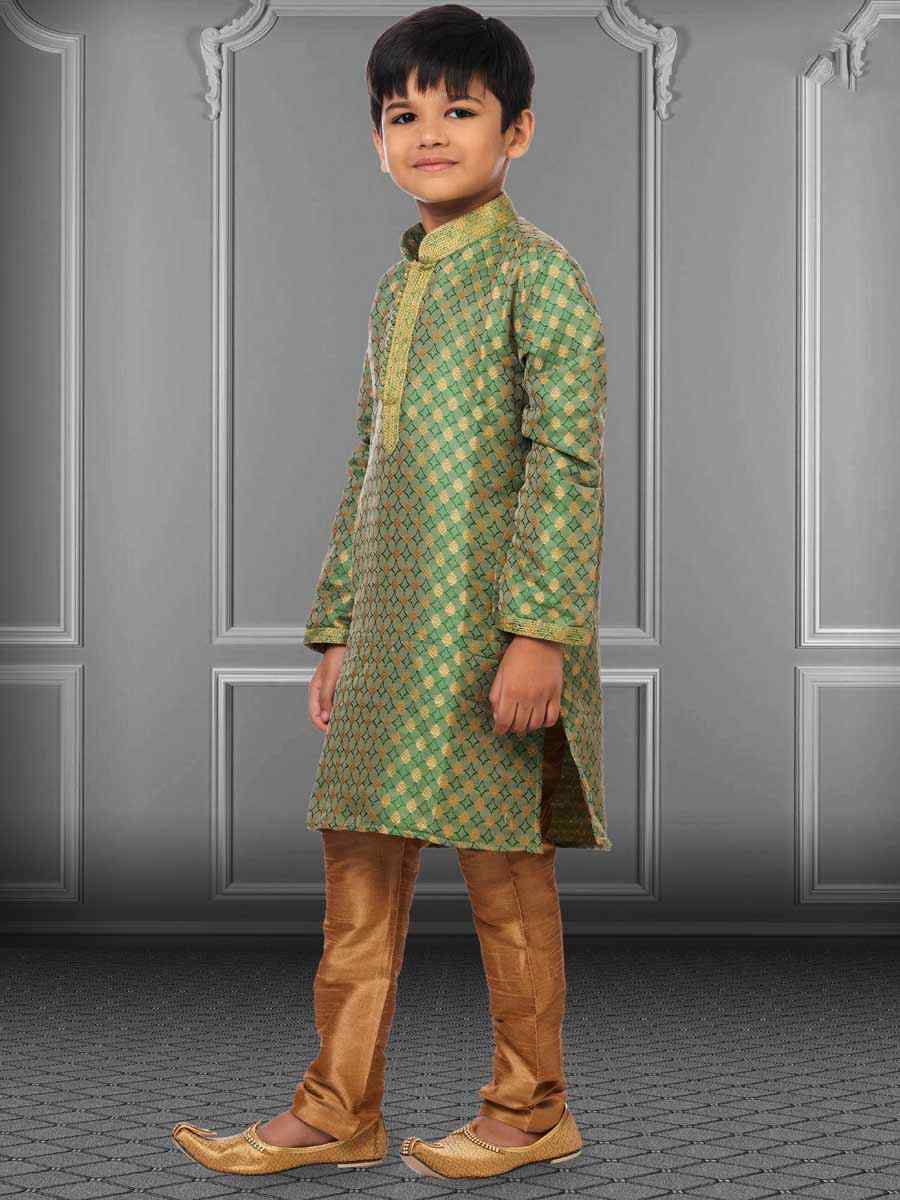 Green Jacquard Silk Embroidered Festival Kurta Pyjama Boys Wear