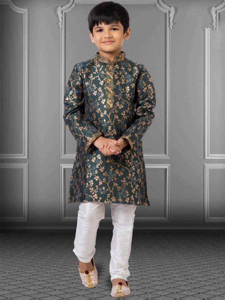 Green Jacquard Silk Embroidered Festival Kurta Pyjama Boys Wear