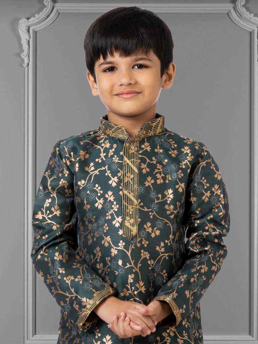 Green Jacquard Silk Embroidered Festival Kurta Pyjama Boys Wear