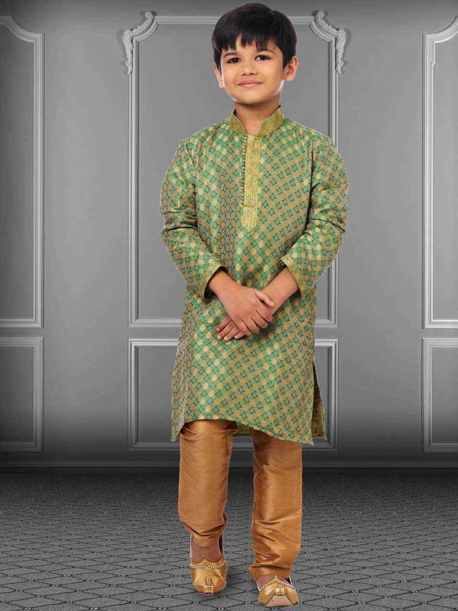 Green Jacquard Silk Embroidered Festival Kurta Pyjama Boys Wear