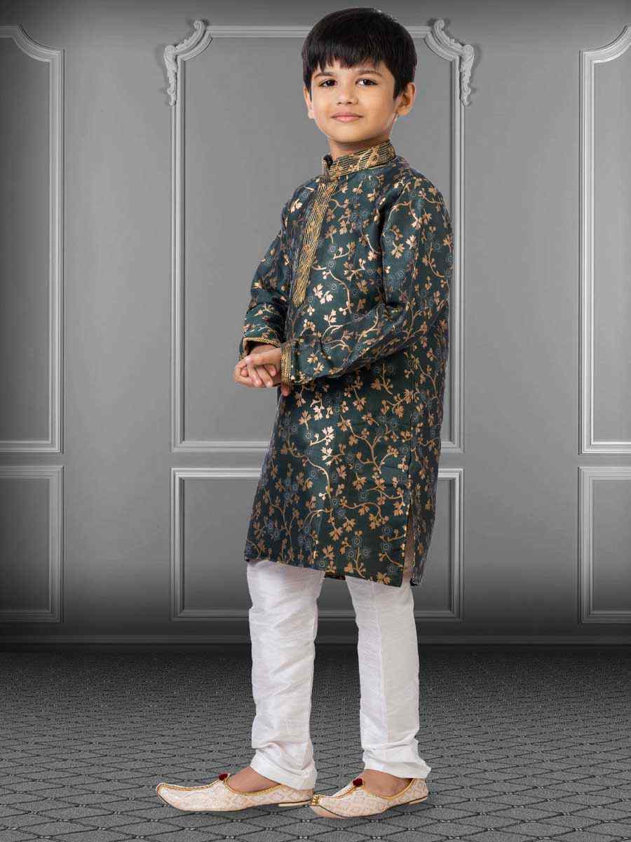 Green Jacquard Silk Embroidered Festival Kurta Pyjama Boys Wear