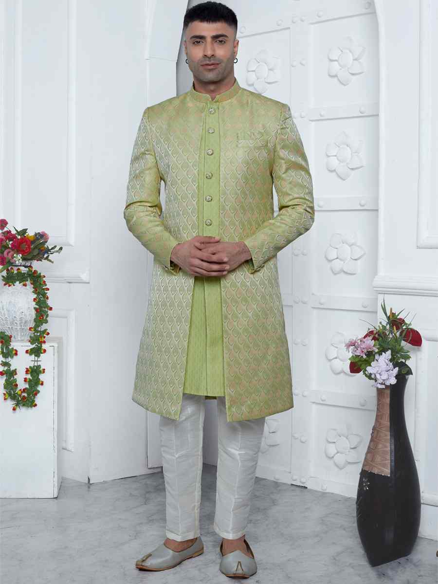 Green Jacquard Silk Embroidered Groom Wedding Sherwani