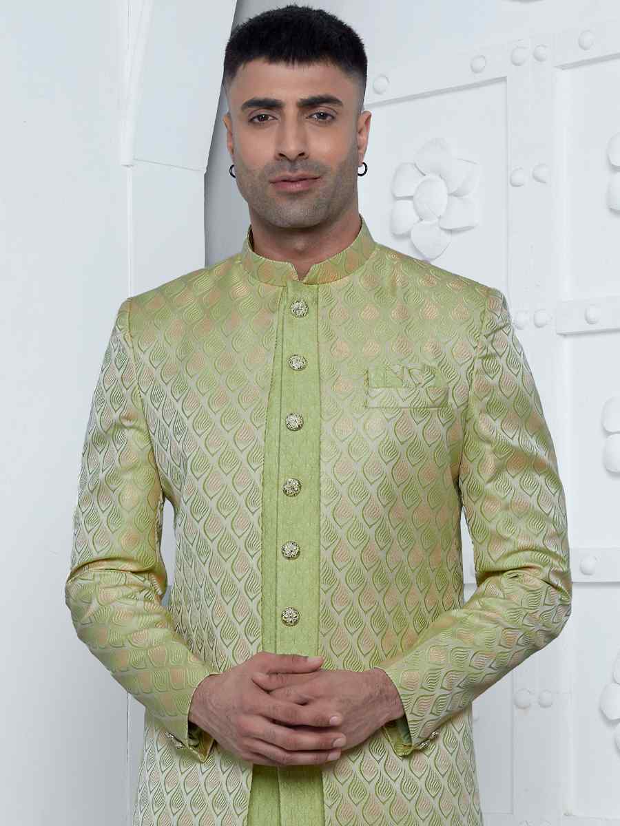 Green Jacquard Silk Embroidered Groom Wedding Sherwani