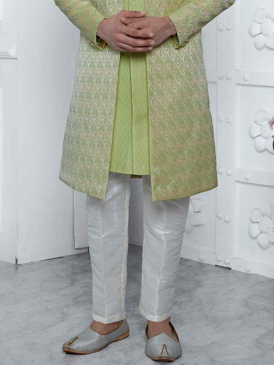 Green Jacquard Silk Embroidered Groom Wedding Sherwani