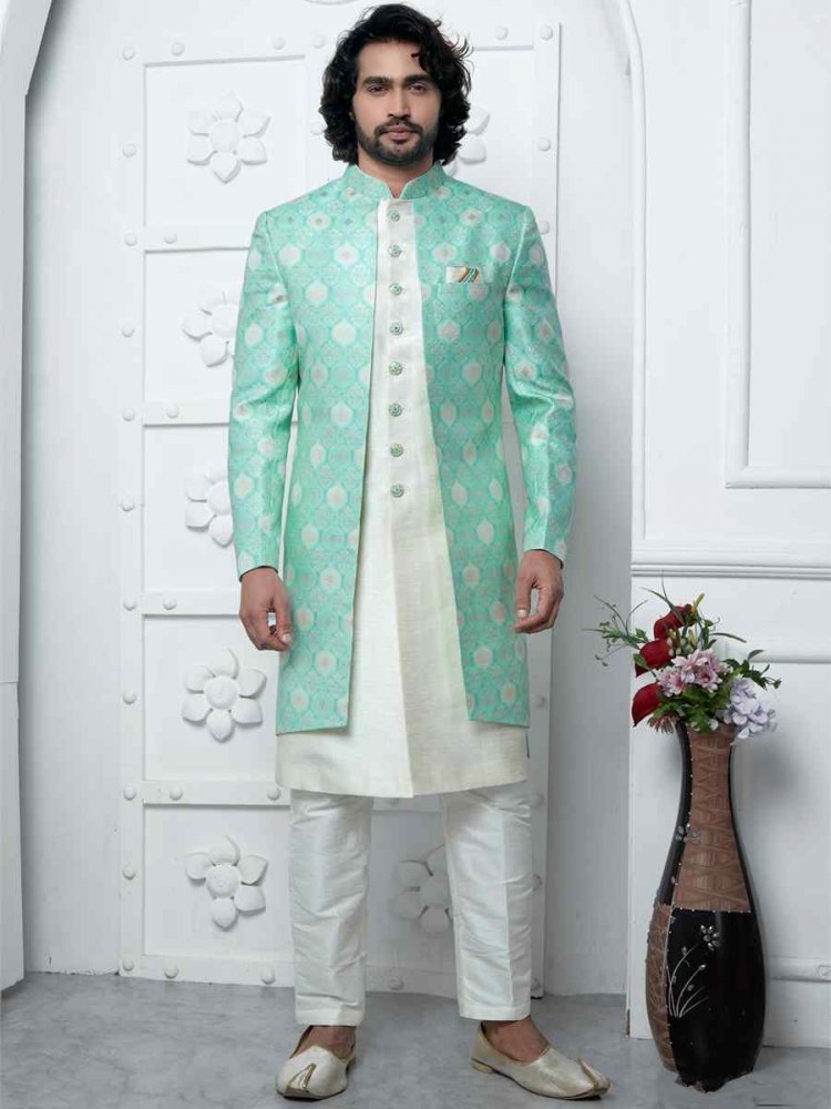 Green Jacquard Silk Embroidered Groom Wedding Sherwani
