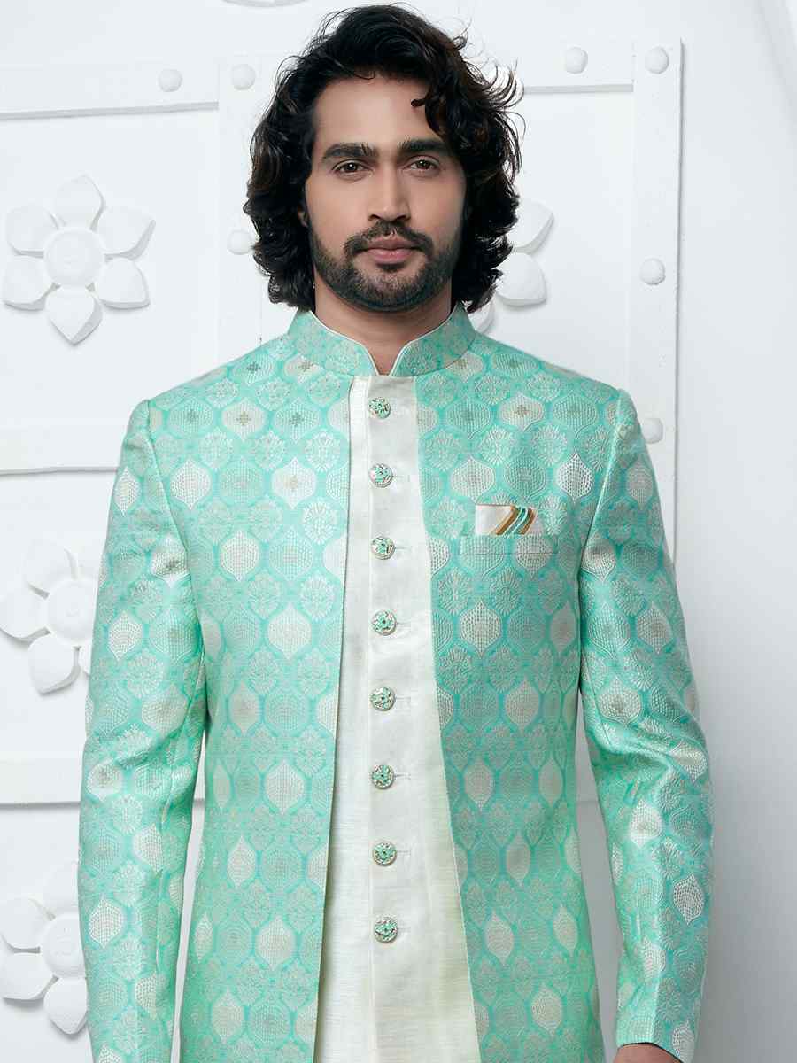 Green Jacquard Silk Embroidered Groom Wedding Sherwani