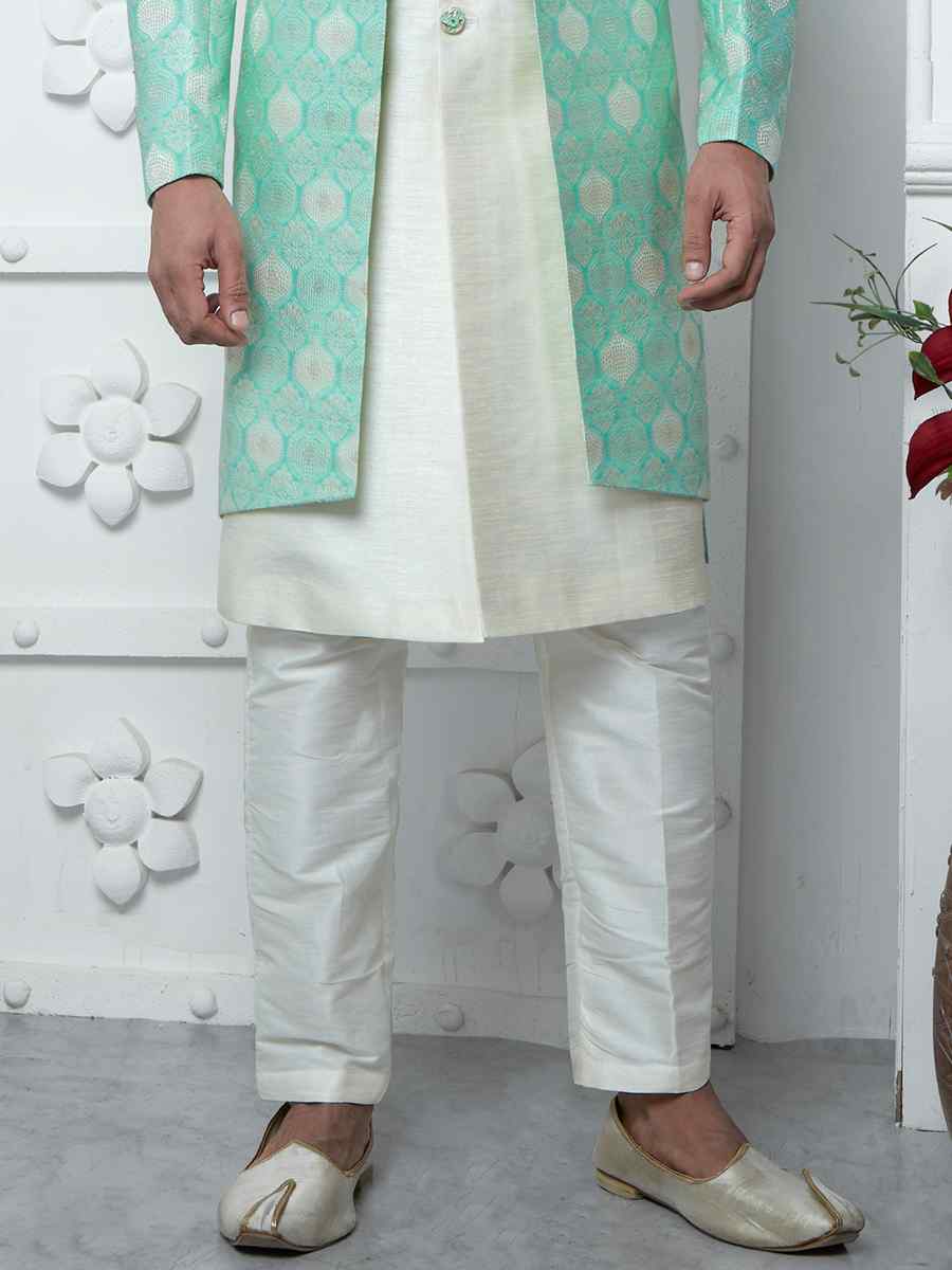 Green Jacquard Silk Embroidered Groom Wedding Sherwani