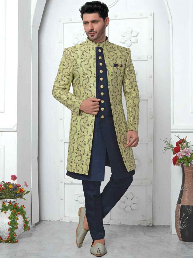 Green Jacquard Silk Embroidered Groom Wedding Sherwani