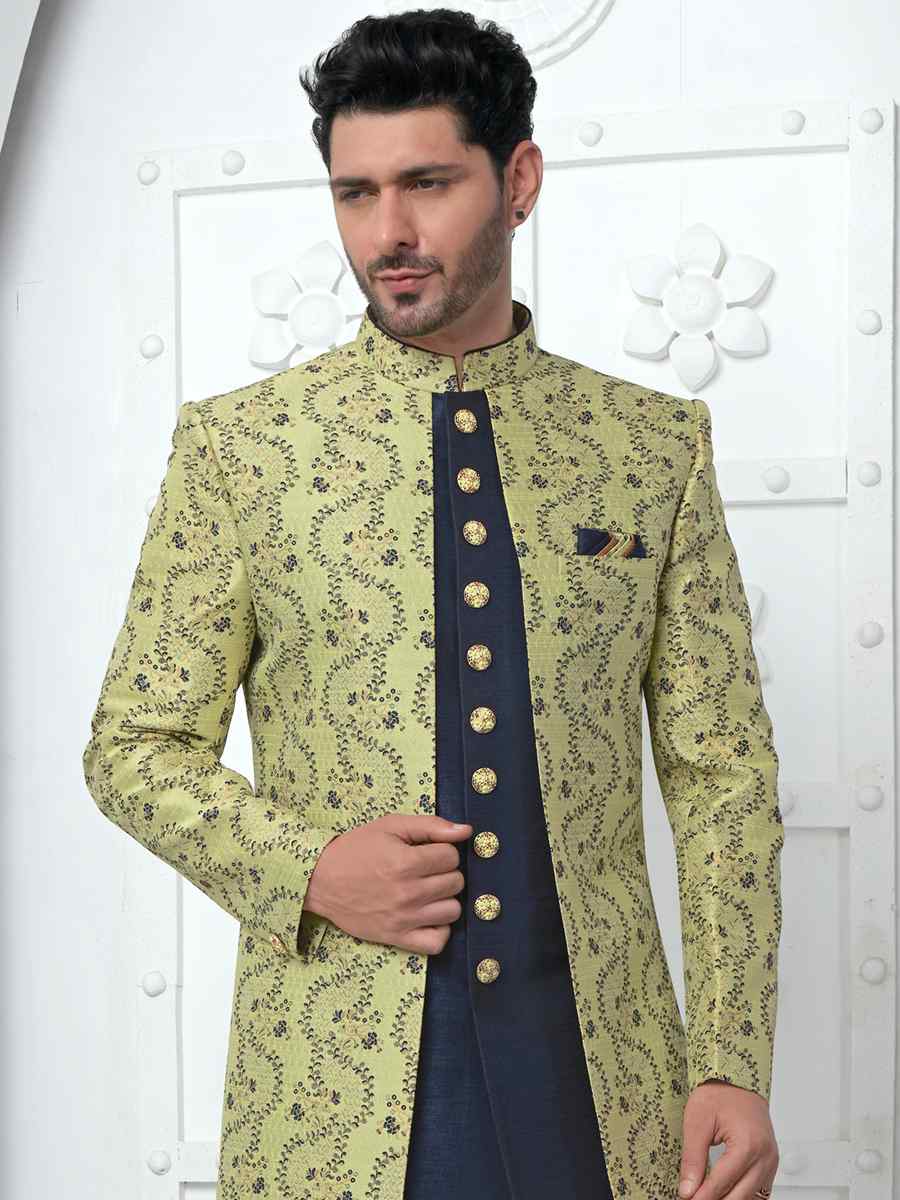 Green Jacquard Silk Embroidered Groom Wedding Sherwani