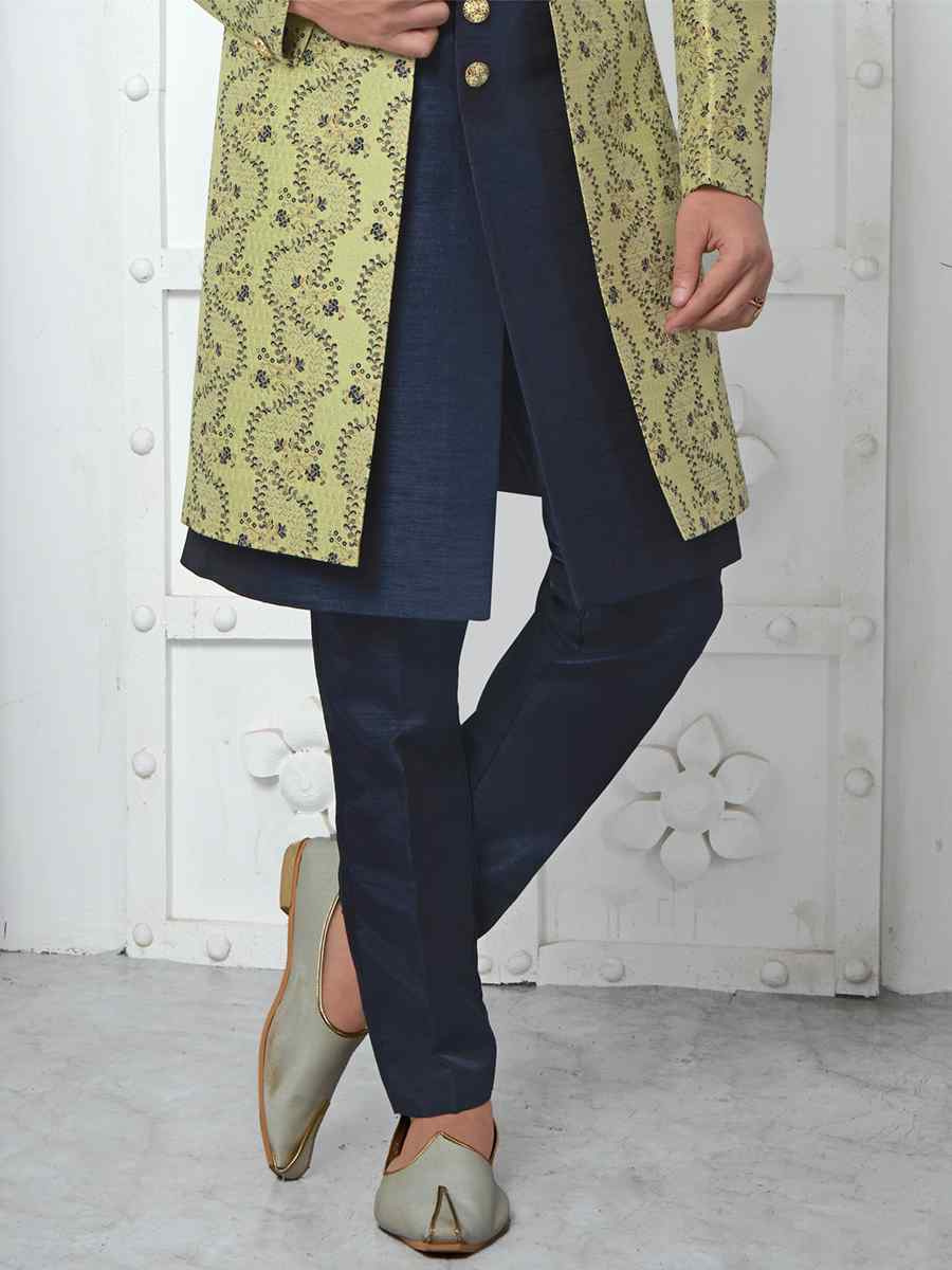 Green Jacquard Silk Embroidered Groom Wedding Sherwani