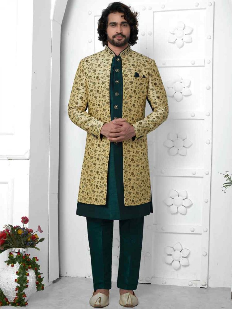 Green Jacquard Silk Embroidered Groom Wedding Sherwani