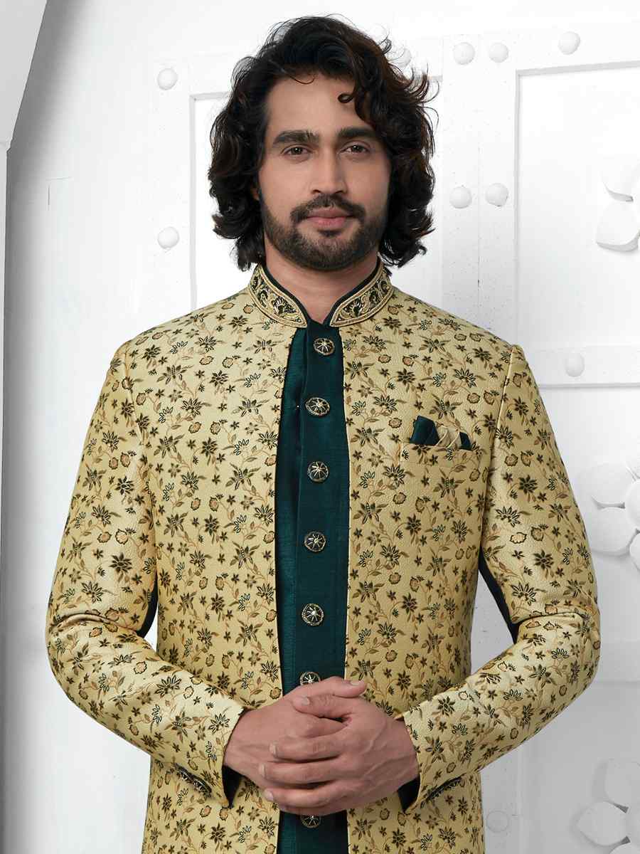 Green Jacquard Silk Embroidered Groom Wedding Sherwani