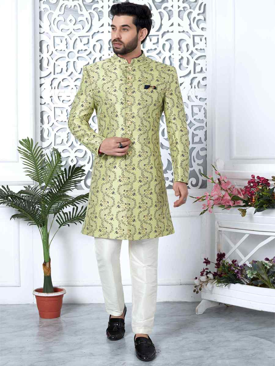 Green Jacquard Silk Embroidered Groom Wedding Sherwani