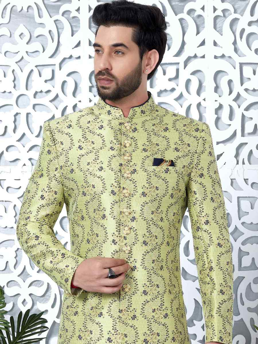 Green Jacquard Silk Embroidered Groom Wedding Sherwani