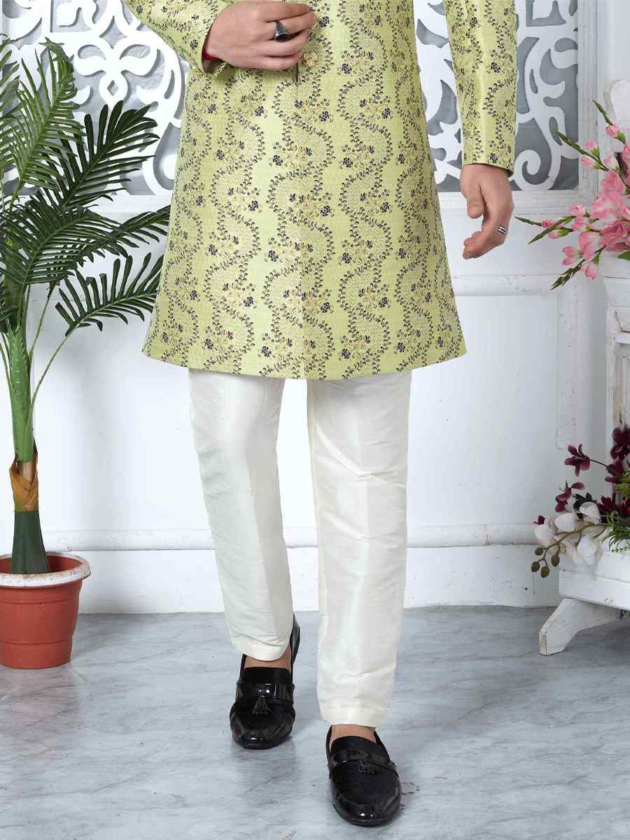 Green Jacquard Silk Embroidered Groom Wedding Sherwani