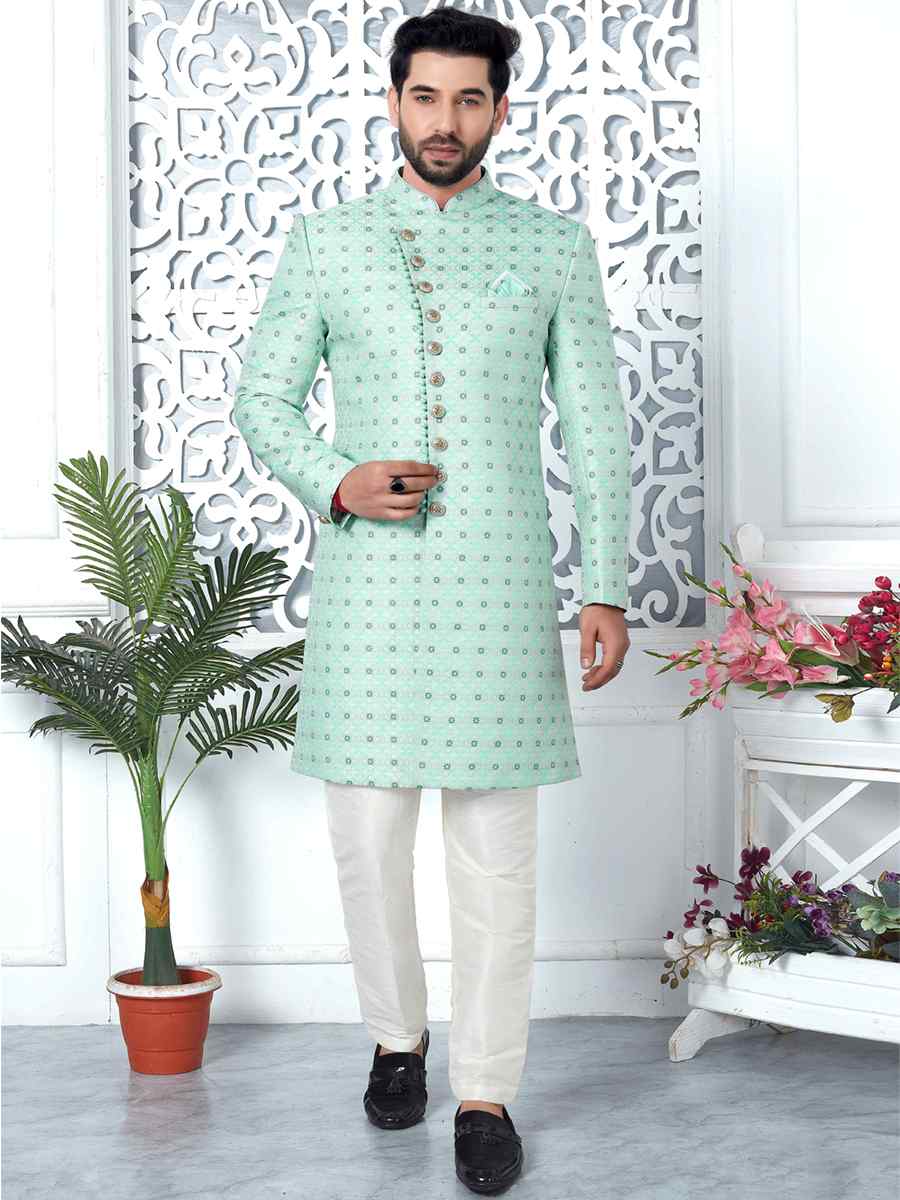 Green Jacquard Silk Embroidered Groom Wedding Sherwani