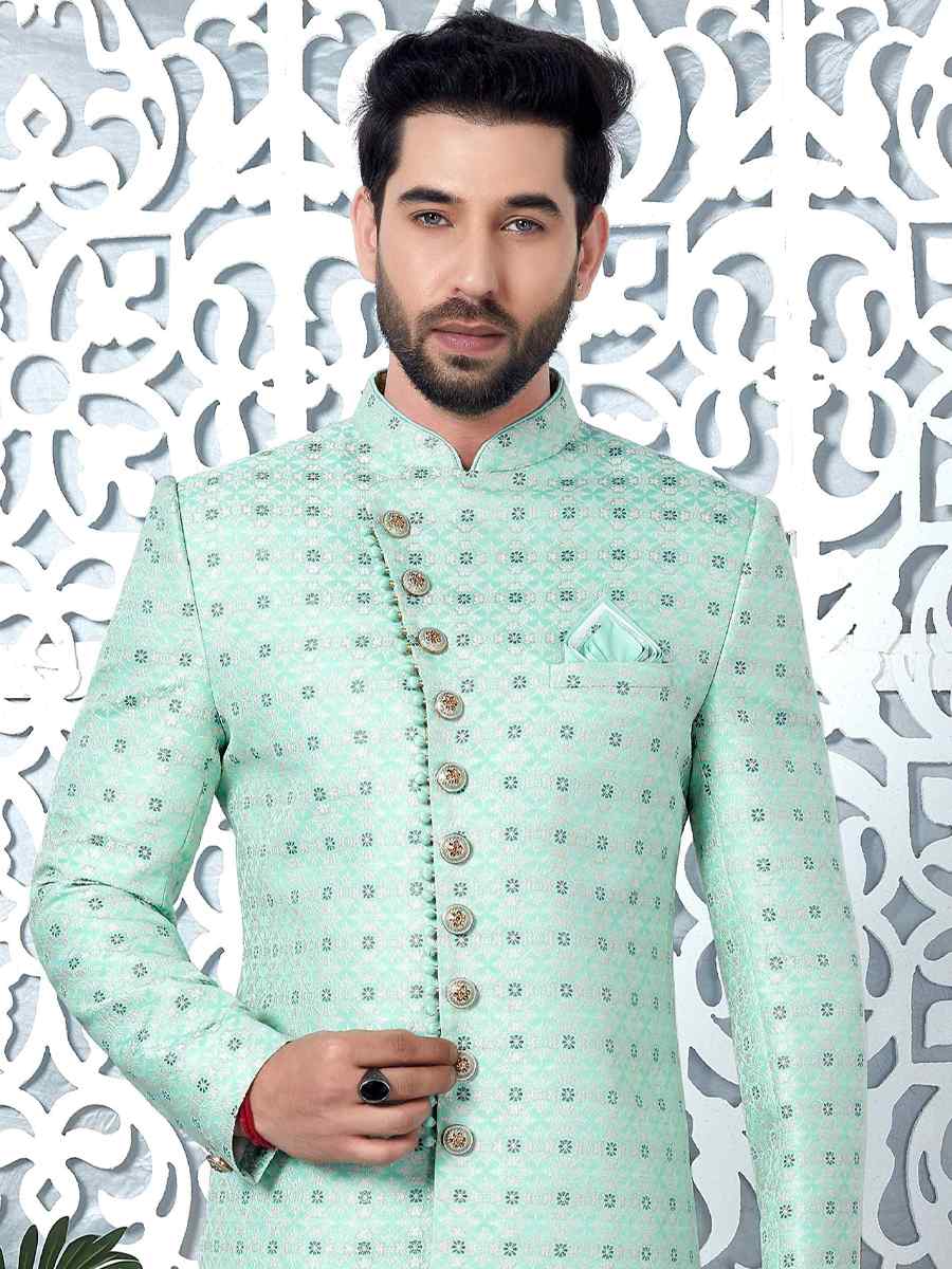 Green Jacquard Silk Embroidered Groom Wedding Sherwani