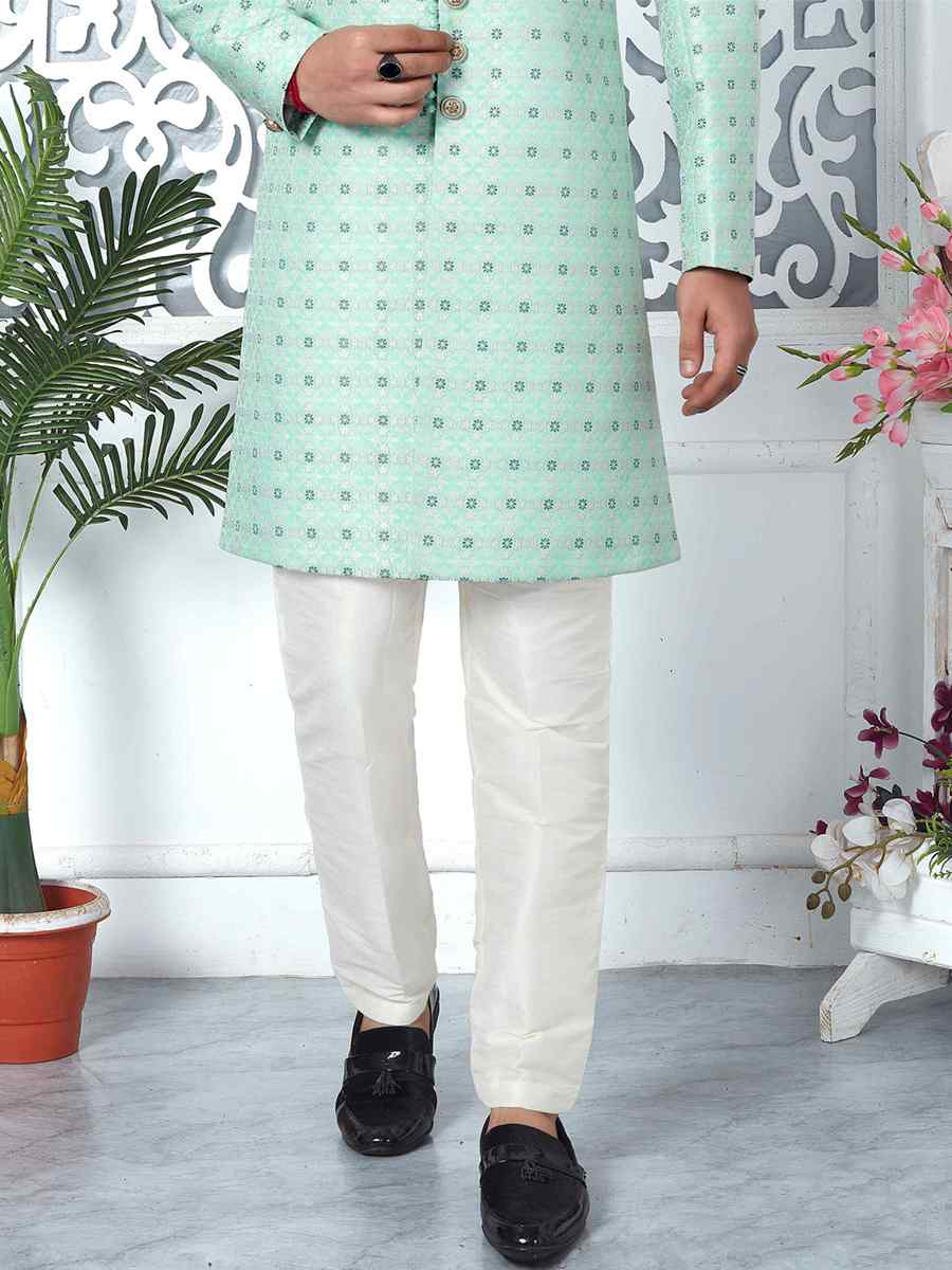 Green Jacquard Silk Embroidered Groom Wedding Sherwani