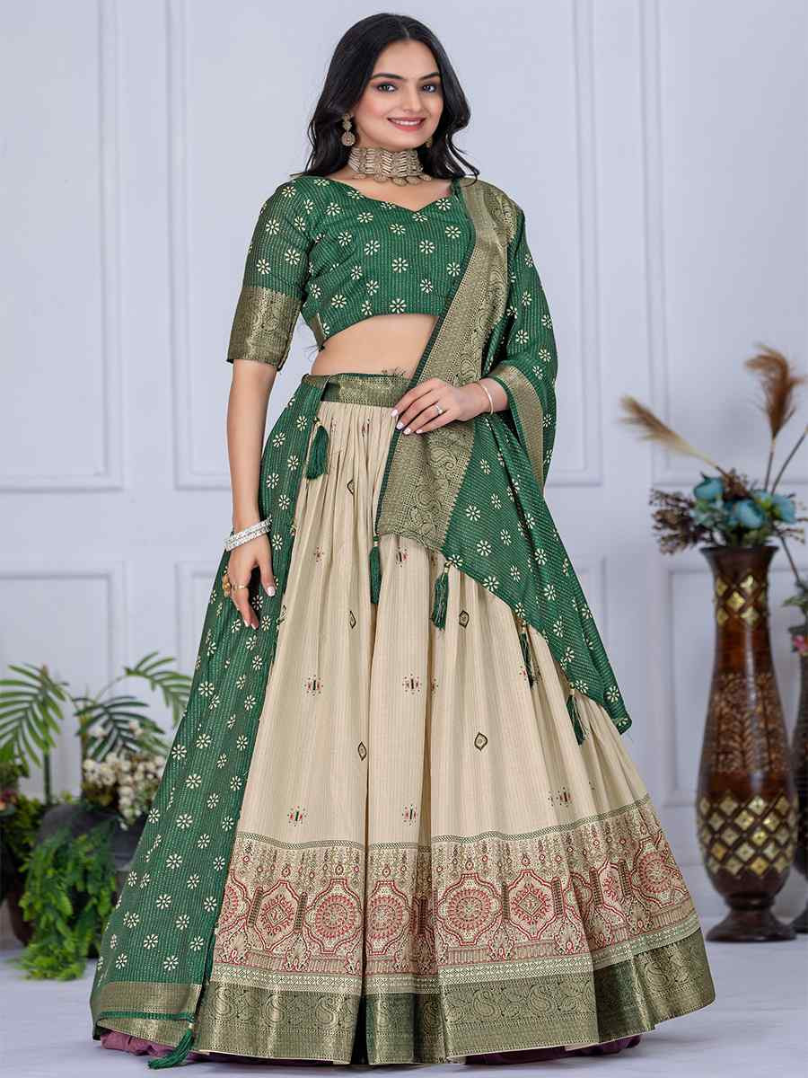 Green Jacquard Silk Printed Bridesmaid Wedding Heavy Border Lehenga Choli