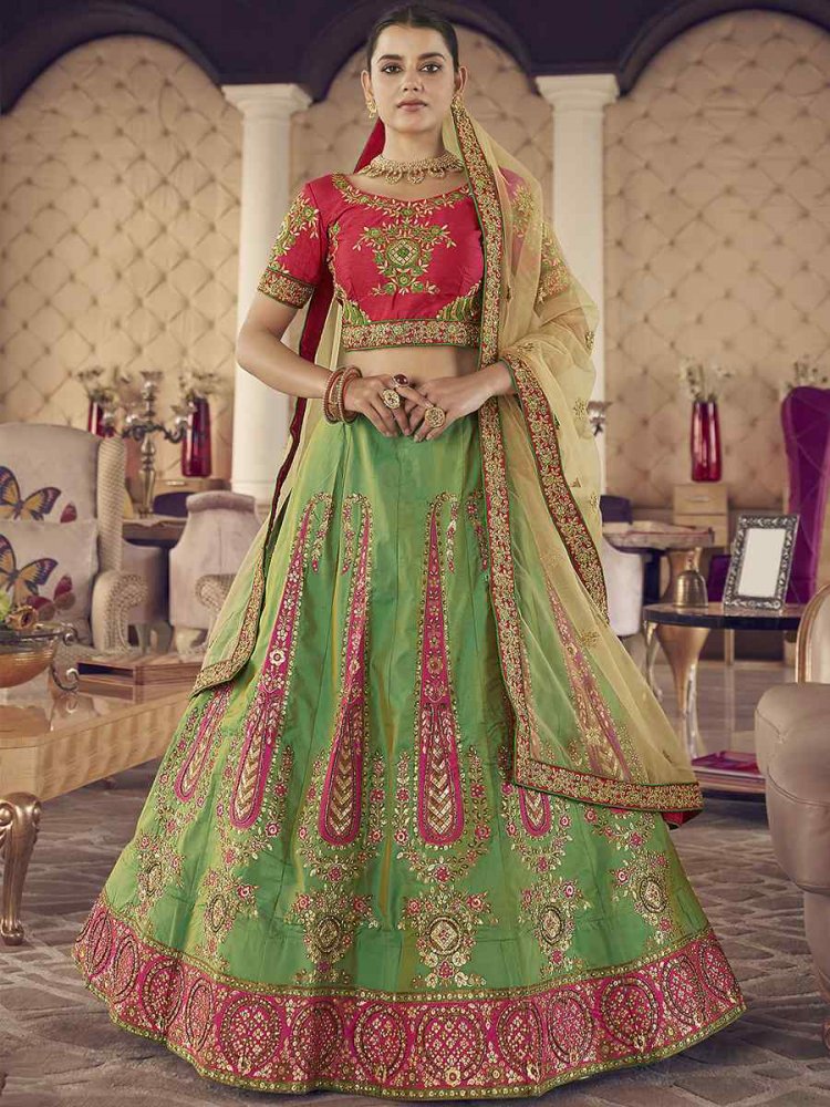 Green Jacquard Silk Zari Sequins Bridal Bridesmaid Heavy Border Lehenga Choli