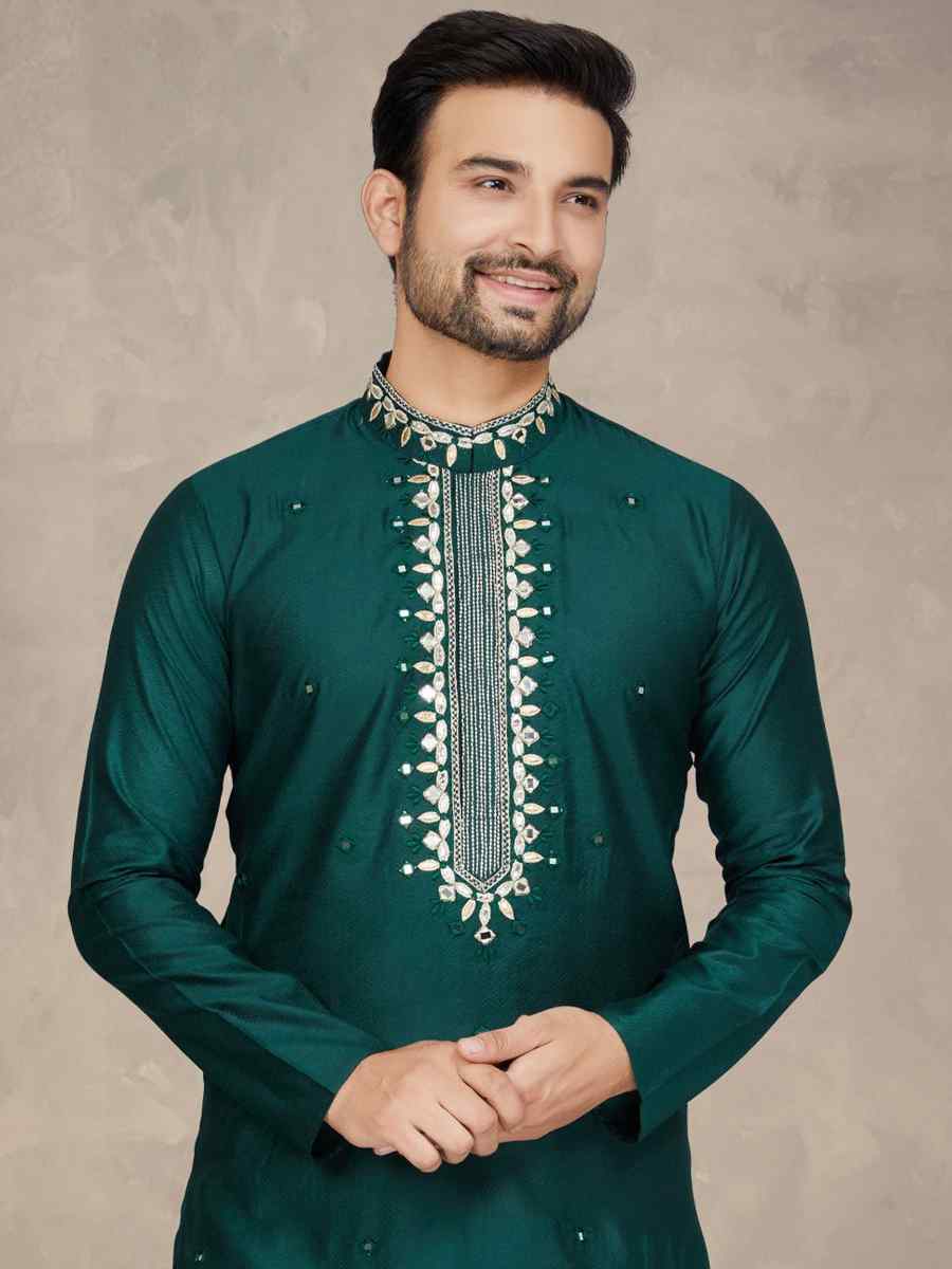 Green Jacquard Woven Festival Mehendi Kurta
