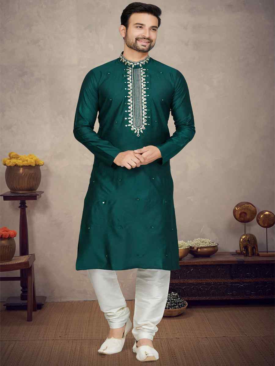Green Jacquard Woven Festival Mehendi Kurta