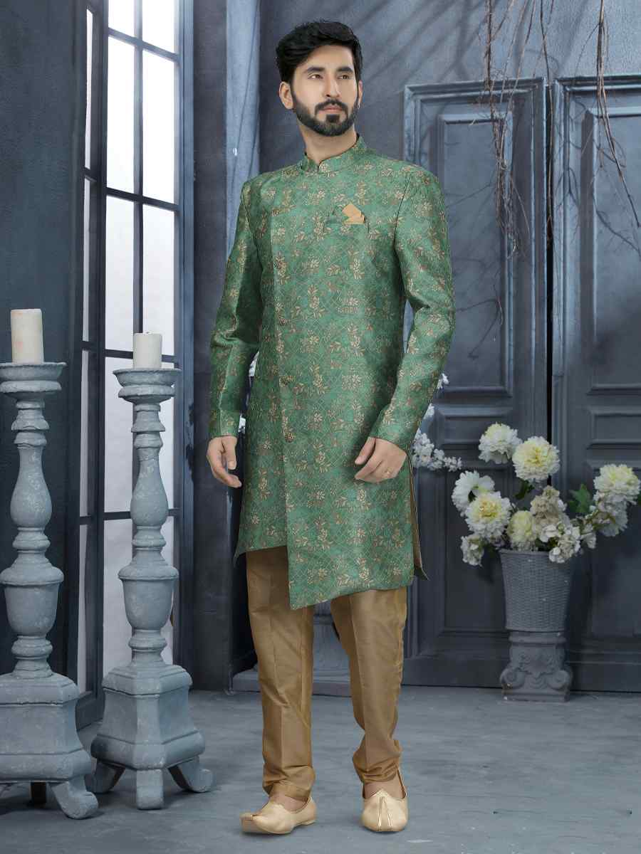 Green Jacquard Woven Festival Wedding Sherwani
