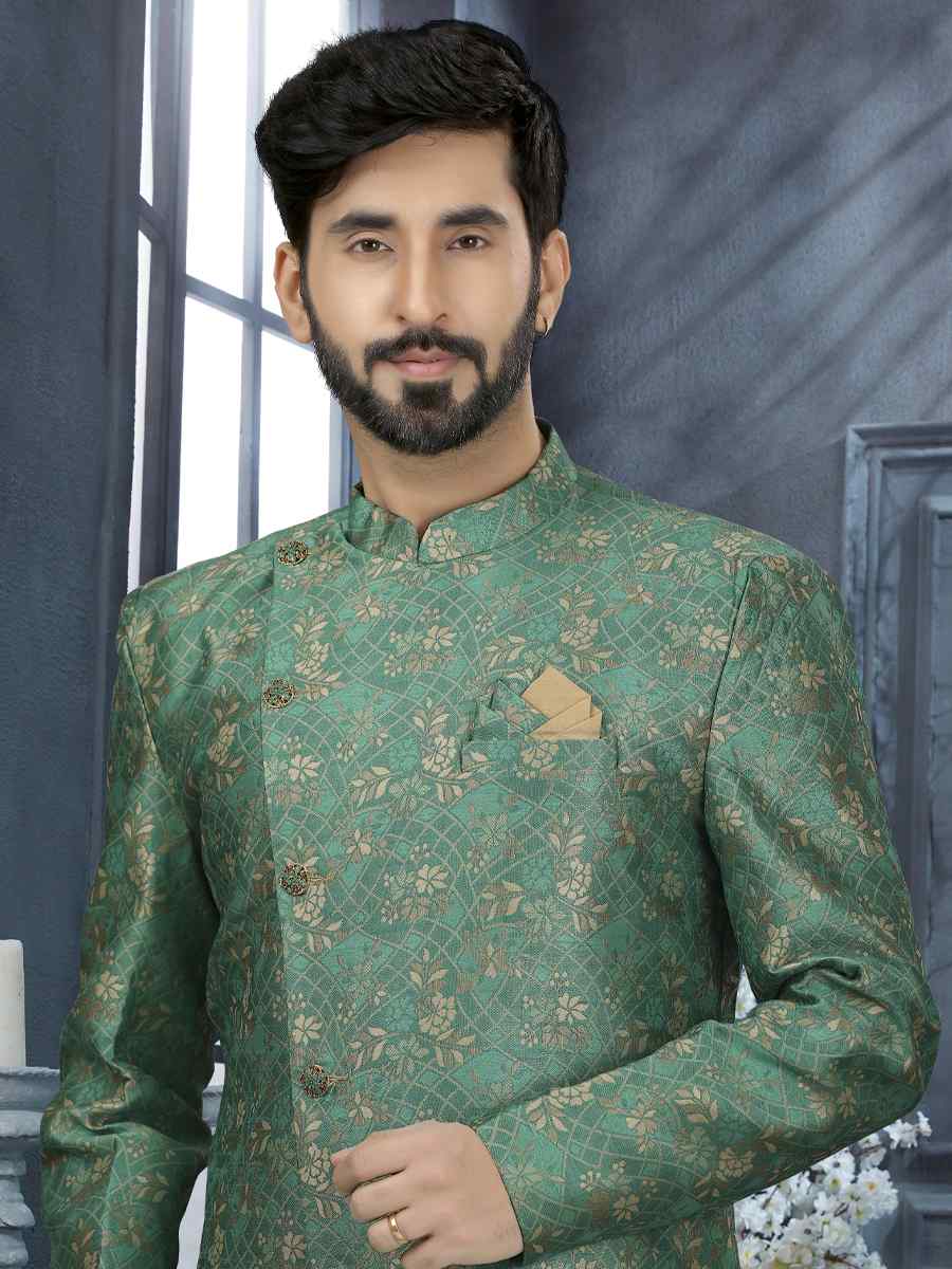 Green Jacquard Woven Festival Wedding Sherwani